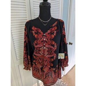 Fig & Flower Anthropologie Blouse Womens 2X Black Orange Boho Paisley Tunic Top